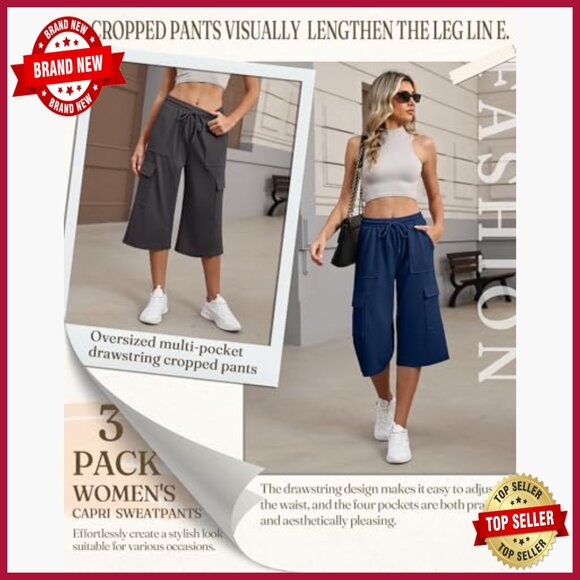 3 Pack Women's Capri Cargo Sweatpants Wide Leg Cropped Casual Drawstring - Picture 4 of 7